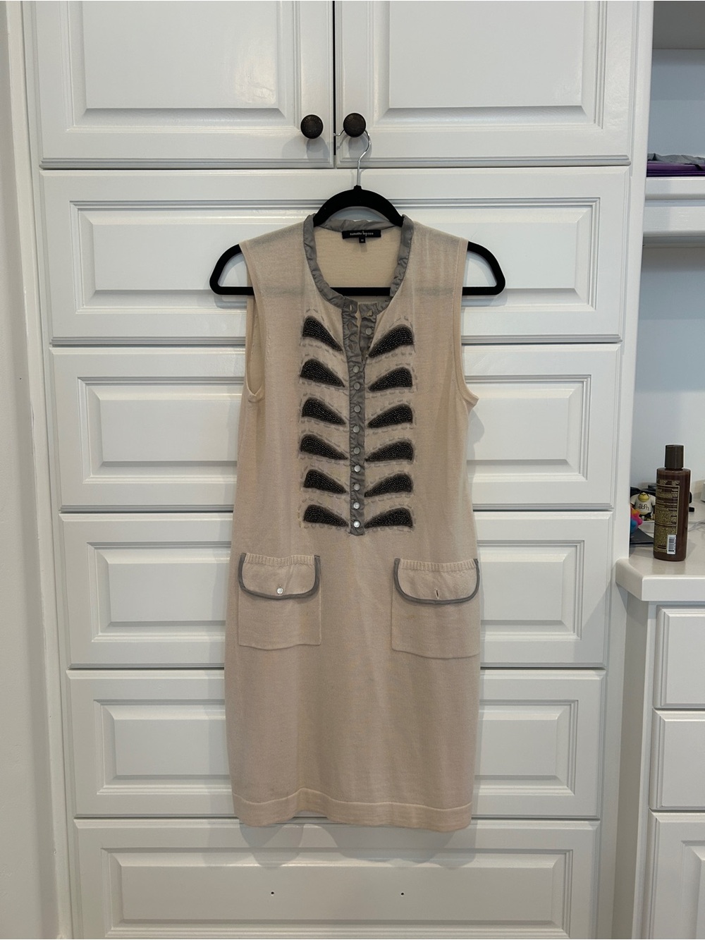 Nanette Lepore Beige Sleeveless Knit Shift Dress with Gray Trim